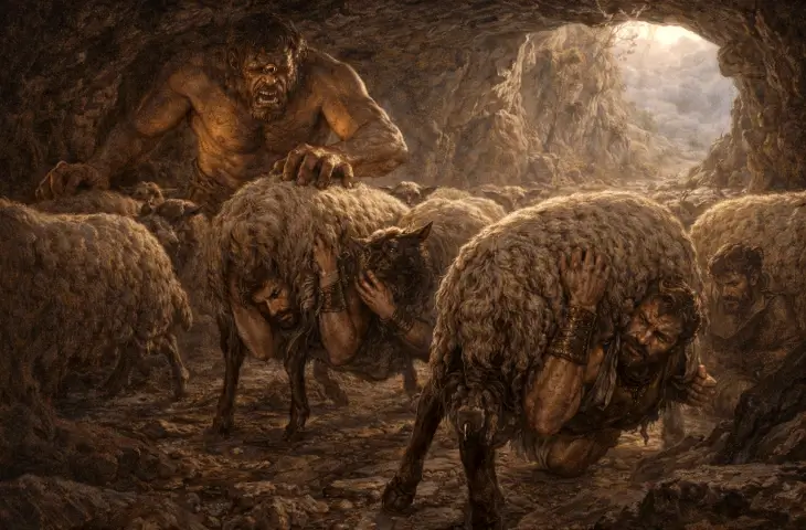 Odysseus ve adamlarının Kyklop Polyphemos’un mağarasından kaçışını betimleyen mitolojik sahne; savaşçılar koyunların altına tutunurken arka planda tek gözlü dev görülüyor.